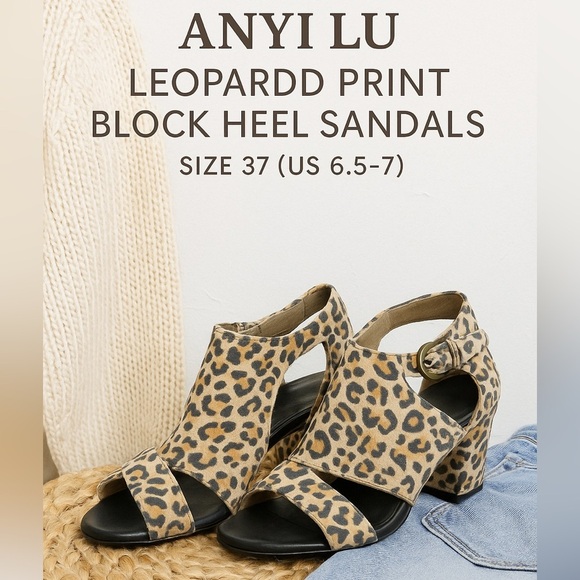 ANYI LU Leopard Print Block Heel Sandals – Size 37 (US 6.5-7) - Picture 1 of 8